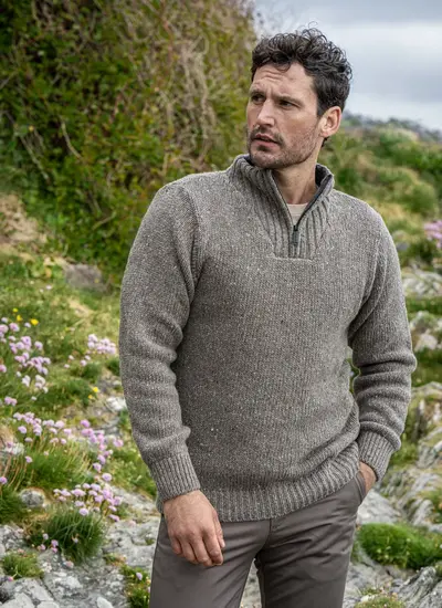 Front view of Glenstone Contrast Sweater in Rocky Ground, with zip neckline and subtle flecked wool texture.